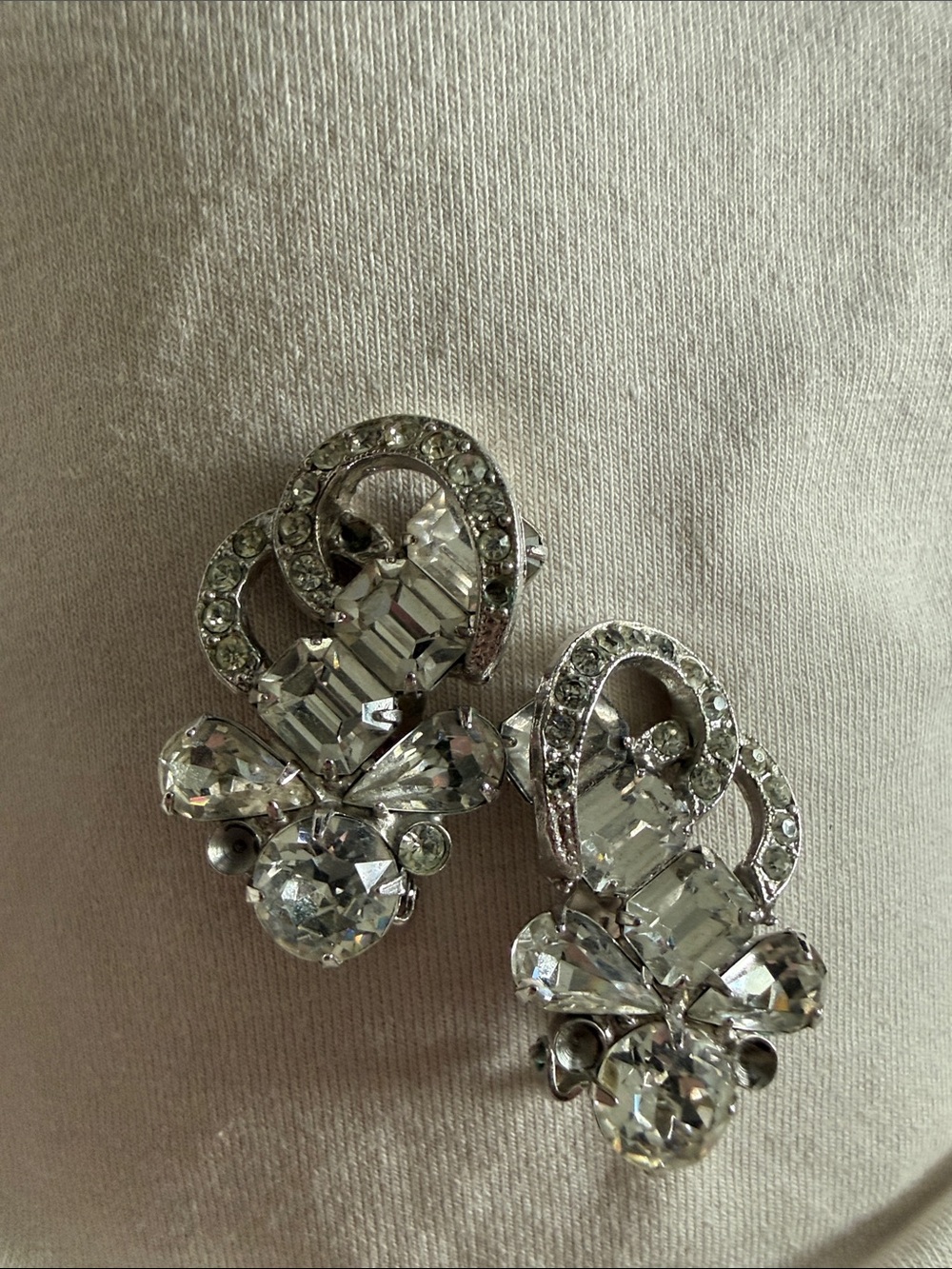 Vintage Marked Eisenberg Crystal Statement Clip-On Earrings - Silver Clear